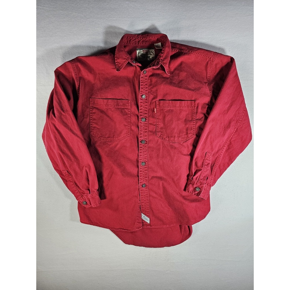 Vintage Levis Two Horse Red Denim Jean Metal Button Down Work Shirt Mens MEDIUM